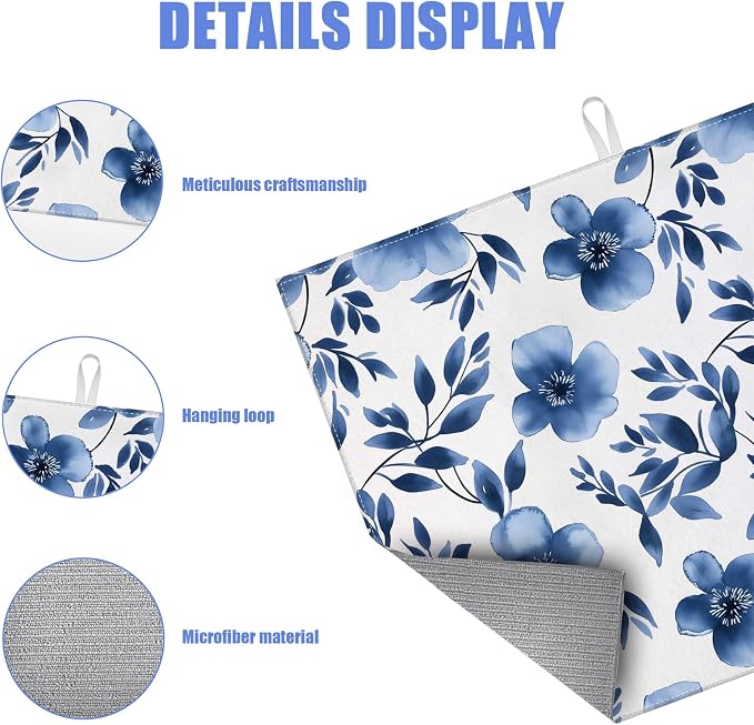 Blue Floral Dish Drying Mat for Kitchen Counter Flower Leaves Drying Pad - Image 3