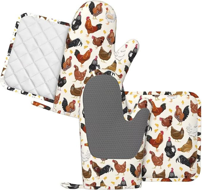 Rooster Hen Oven Mitts and Pot Holders Sets Silicone Rustic Domestic Animal - Image 2