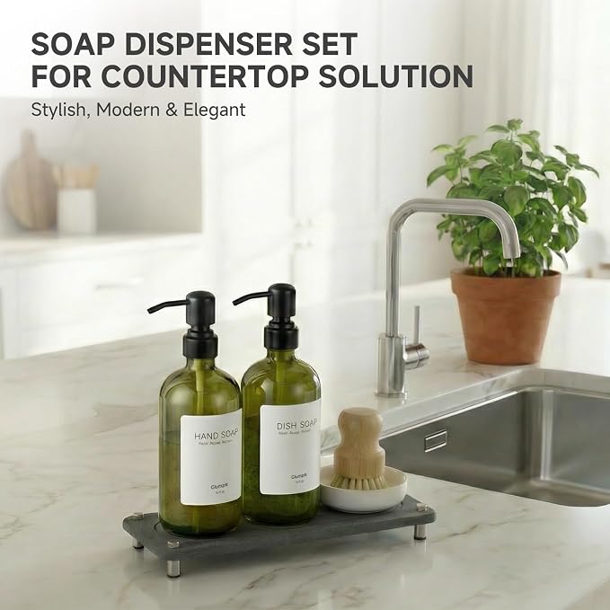 2 Pack Kitchen Soap Dispenser Set - 16oz Green Glass Dish and Hand Soap - Image 7