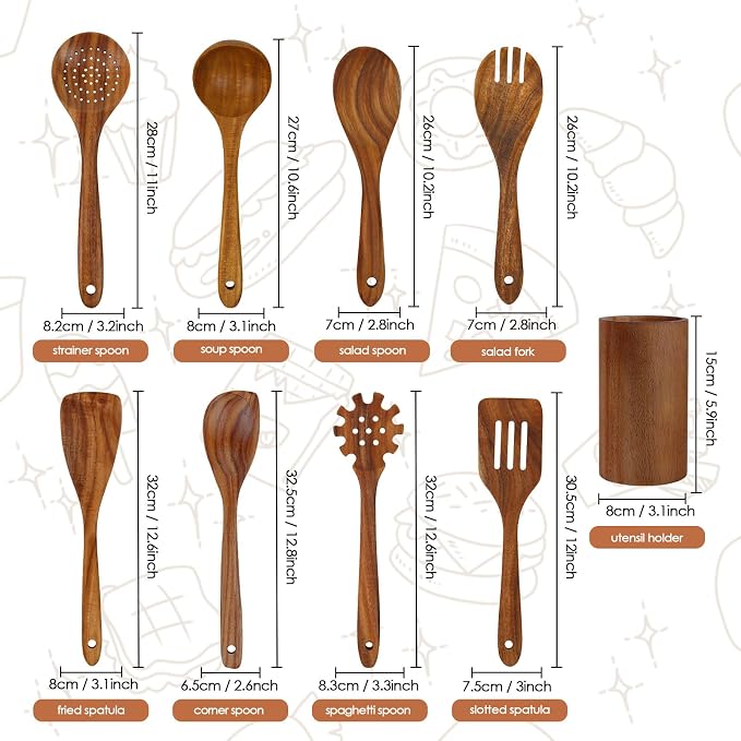 comfoyar Teak Wooden Spoons for Cooking, 9 Pieces Kitchen Cooking Utenails Set - Image 2