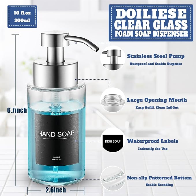 Glass Foaming Hand Soap Dispenser, 10 oz Easy Refill Bathroom Soap Dispenser - Image 2