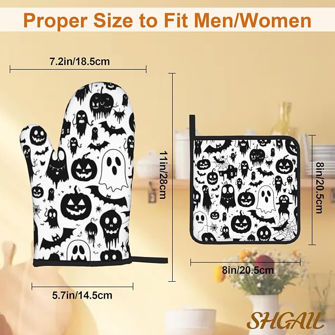 Halloween Ghost Pumpkin Pattern Oven Gloves and Hot Pads Set - Image 3