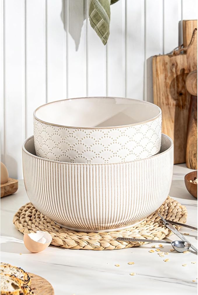 Mikiegy Ceramic Mixing Bowls Set of 2, Nesting Ceramic Embossment Stoneware - Image 2