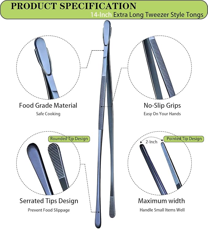 JETKONG 2 Pcs 14-Inch Cooking Tweezer Tongs Extra- Long Stainless Steel Kitchen - Image 2