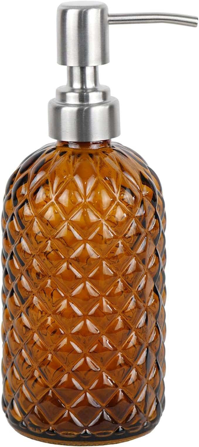 16 oz Diamond Pattern Glass Soap Dispenser, Kitchen and Bathroom Refillable by SDlumeiy