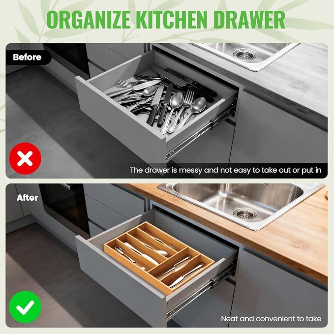 Bamboo Silverware Organizer, Bamboo Kitchen Drawer Cutlery Organizer, Utensil - Image 7