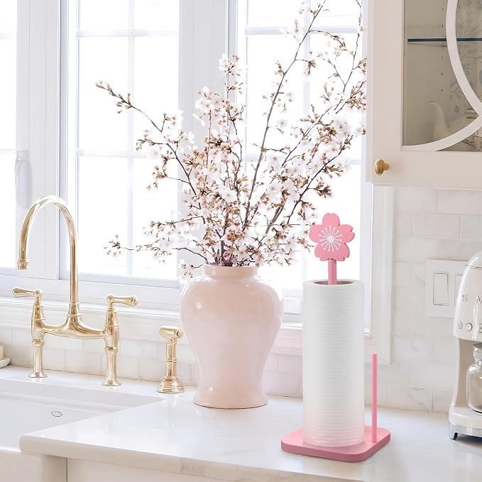 Leinuosen Pink Cherry Blossoms Paper Towel Holder Cute Bow Wooden Paper Towel - Image 6