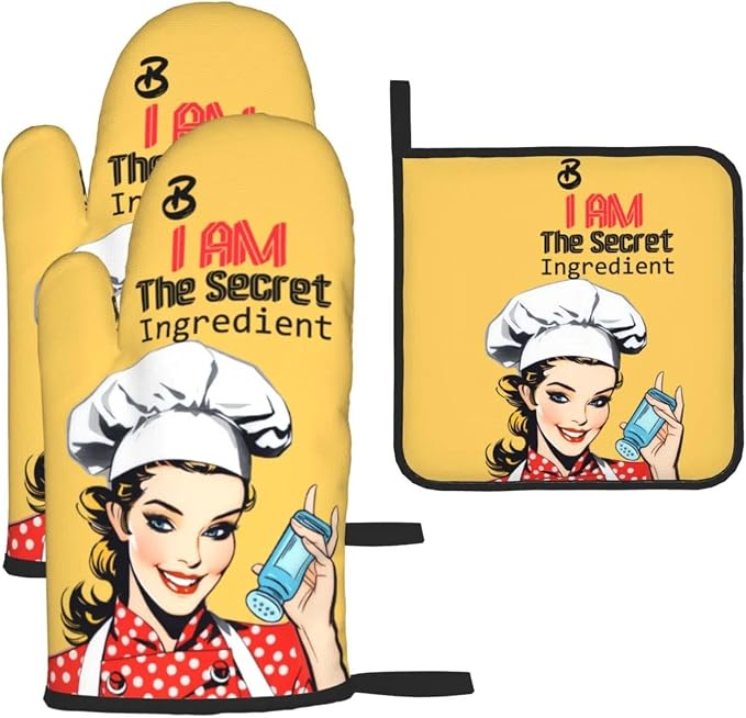 Cute Yellow Retro Chef Humorous Oven Mitts & Pot Holders Set of 3, Heat by Unknown