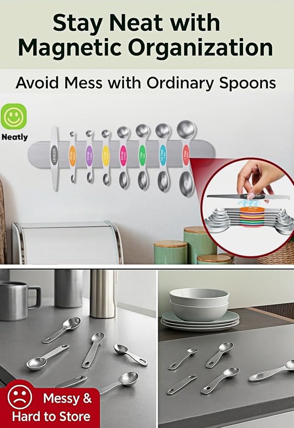 Magnetic Measuring Spoons Set Of 8, Heavy Duty 304 Stainless Steel Metal - Image 3