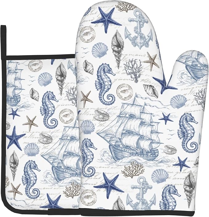 Navy Blue Oven Mitts and Pot Holders Sets Summer Beach Starfish Seashell Oven by DZGlobal