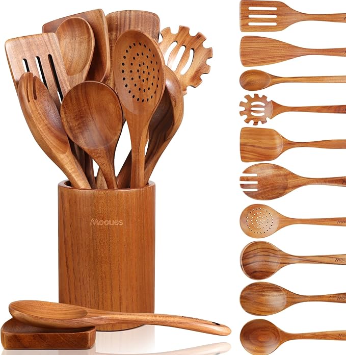 Mooues 12 Piece Wooden Spoons for Cooking, Wooden Utensils for Cooking by Mooues