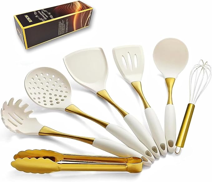 Elegant White Gold Silicone Cooking Utensils Set by Unknown