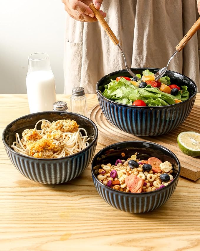 HASENSE Mixing Bowls of 3, Porcelain Ribbed Bowls 1.5/1/0.5 Qt - Image 4