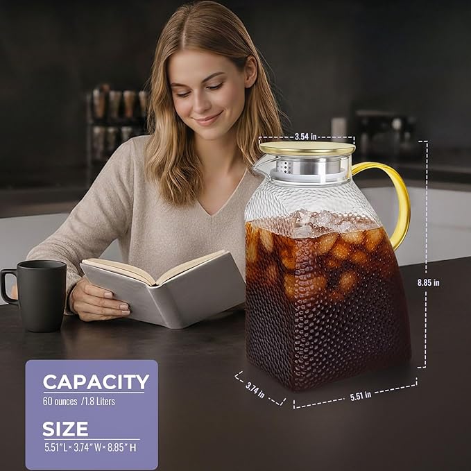 Glass Pitcher With Lid and Spout, 1.8 Liter 60 oz Glass Pitchers With Handle - Image 2