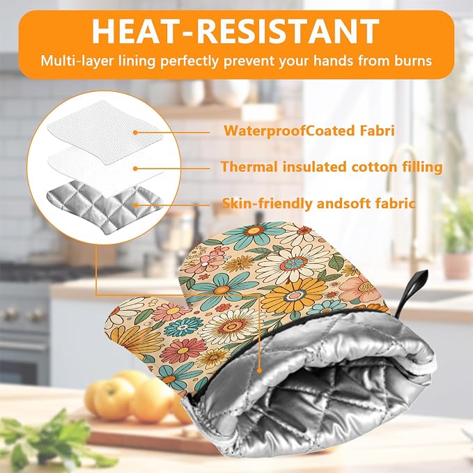 Boho Floral Oven Mitts and Pot Holders Sets 4Pcs, Extra Long Oven Gloves - Image 3
