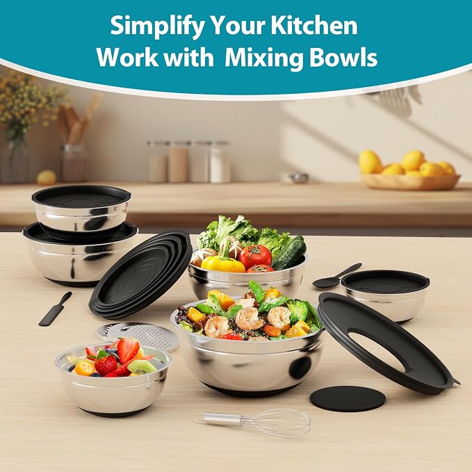 20-Piece Mixing Bowls Set with Airtight Lids – 6 Stainless Steel Kitchen Bowls - Image 7