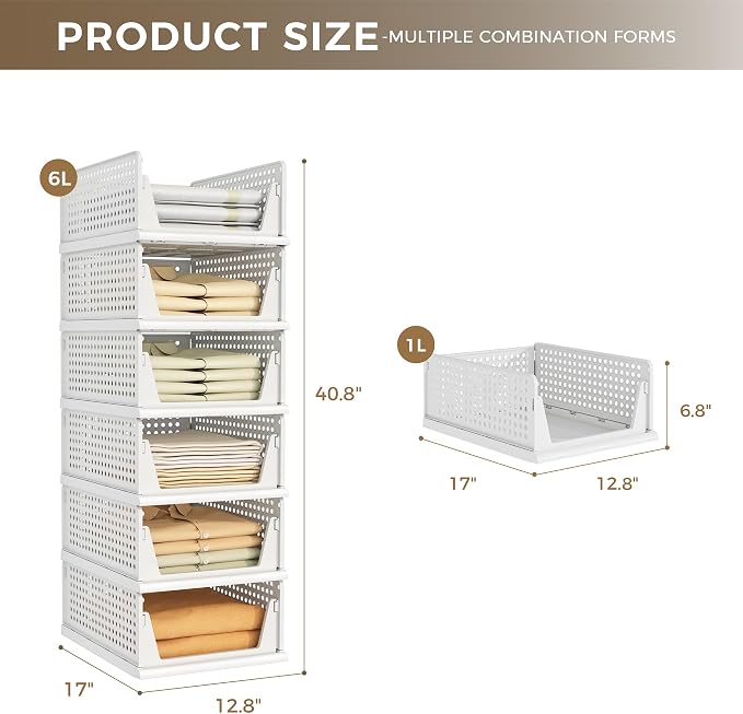 Pinkpum 6 Pack Closet Organizers Storage Bins, Stackable Plastic Drawer Basket - Image 2