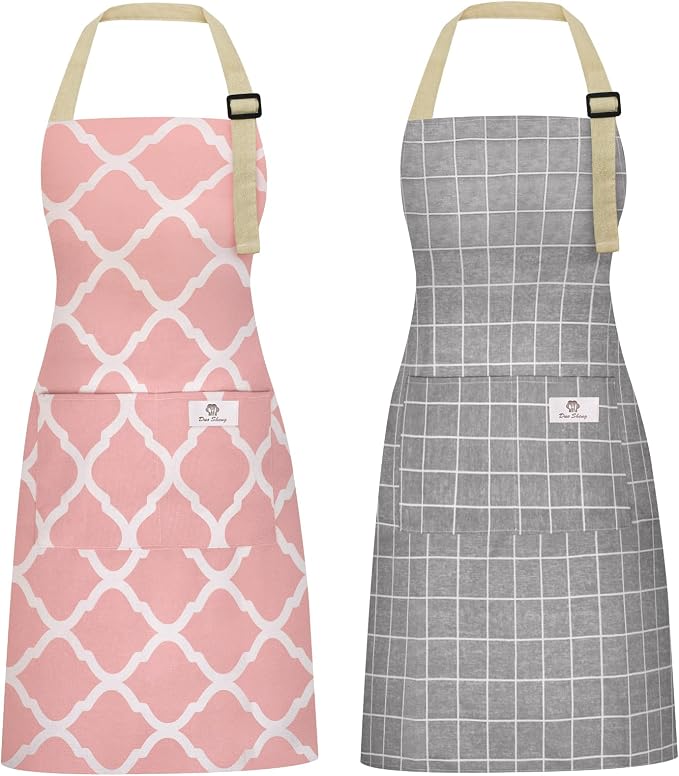 2 Pieces Aprons for Women with Pockets, Cotton Linen Waterproof Kitchen Cooking by Riqiaqia