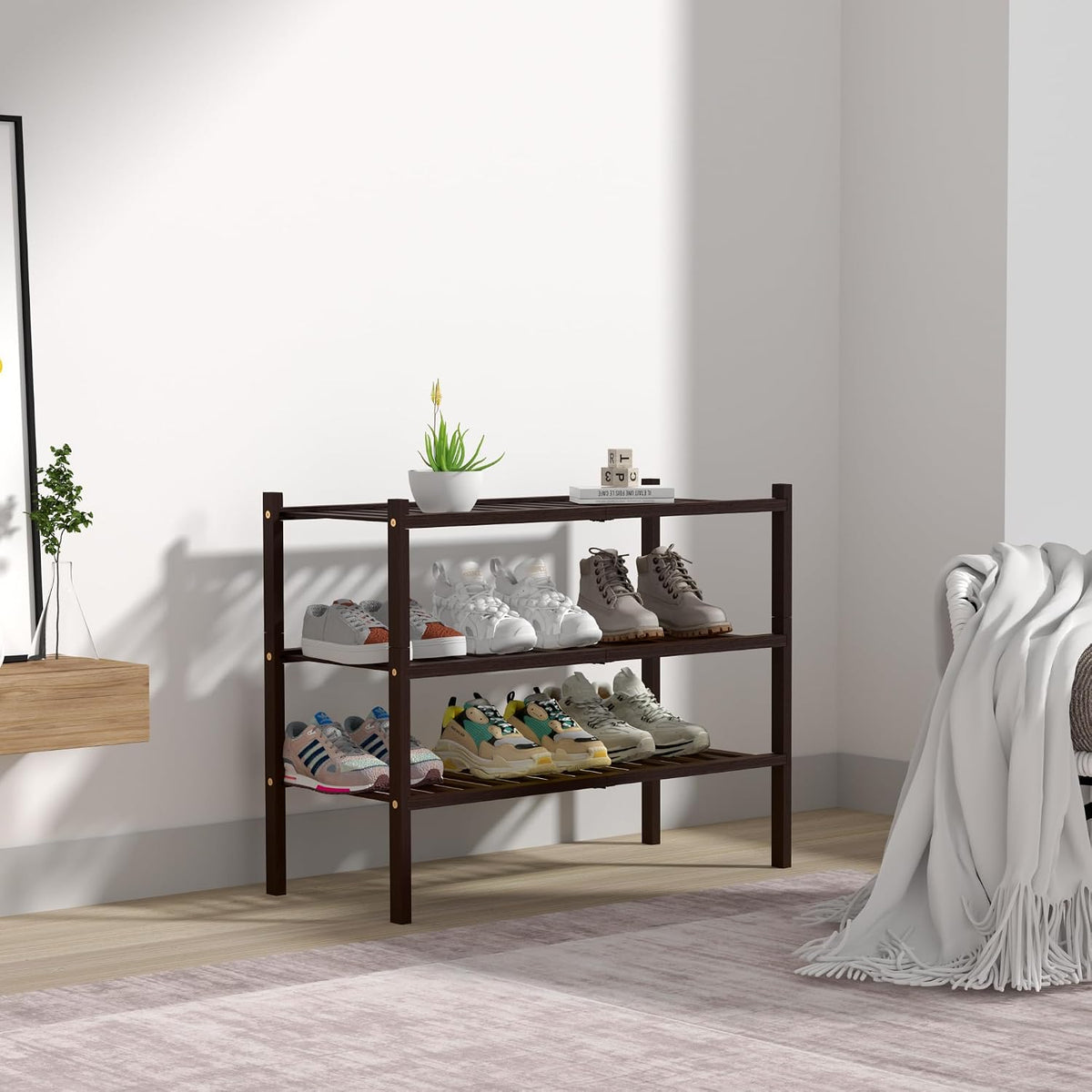 ROMGUAR CRAFT 3 Tier Bamboo Shoe Rack for Closet Free Standing Wood