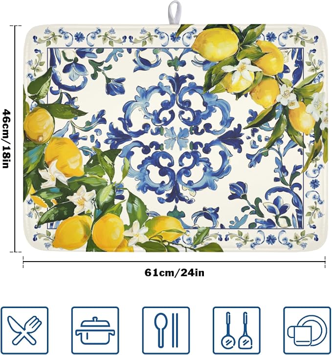 Lemon Dish Drying Mat 24x18 Inch, Italian Olive Tree Dish Drainer Mats Summer - Image 2