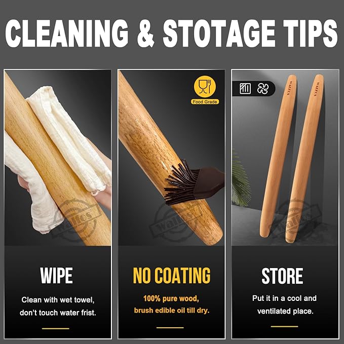 WALFOS French Rolling Pin for Baking, Tapered Design Natural Beech Wood Rolling - Image 5