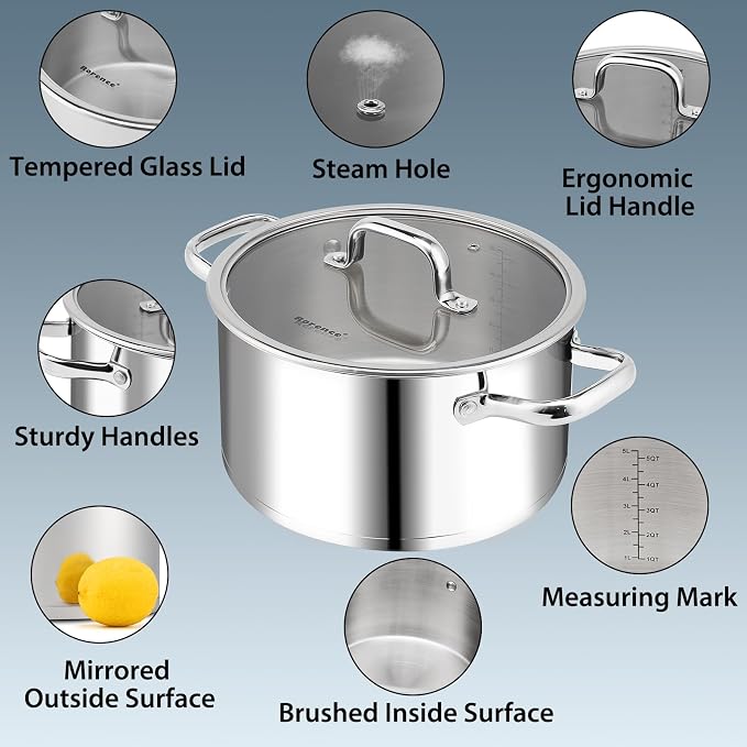 Rorence Stainless Steel Stock Pot, Tri-Ply Base Large Pot Induction Cooking Pot - Image 4