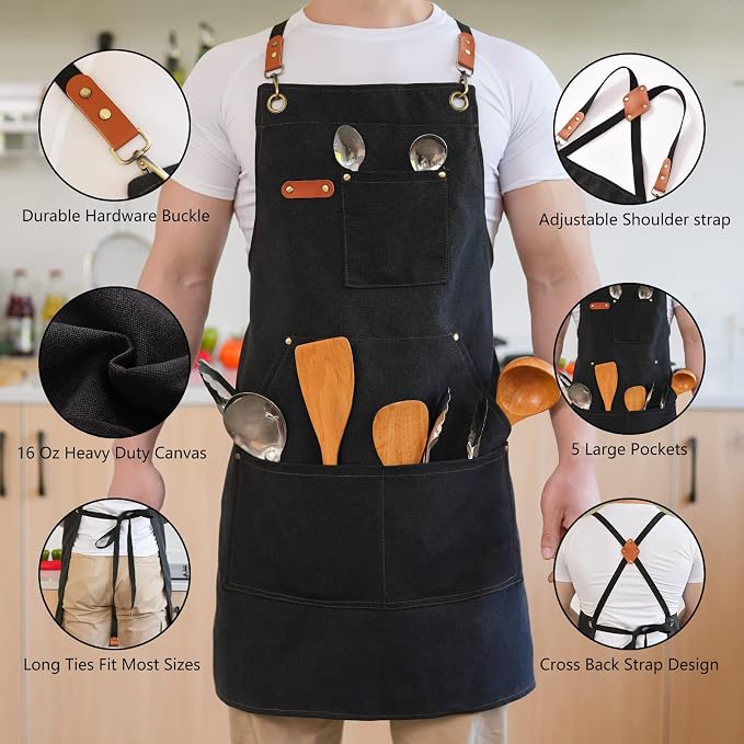 Aoomzoon Canvas Aprons for Men Chef Apron, Work Apron - 16oz Heavy Duty Cross - Image 6
