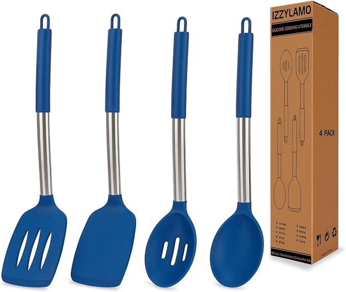 4 Pack Silicone Utensils Set，Non Stick Solid Spatulas, Slotted Spoons by IZZYLAMO