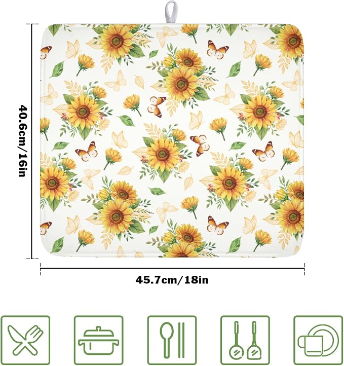 Sunflower Dish Drying Mat for Kitchen Counter Summer Yellow Floral Microfiber - Image 2