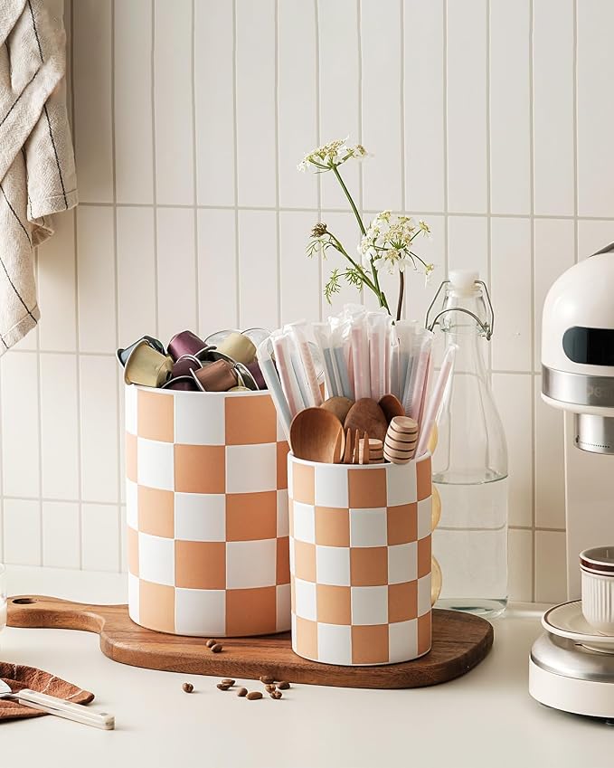 Utensil Holder，7.2 Inch Checkered Utensil Holder, Ceramic Cooking Utensil - Image 5