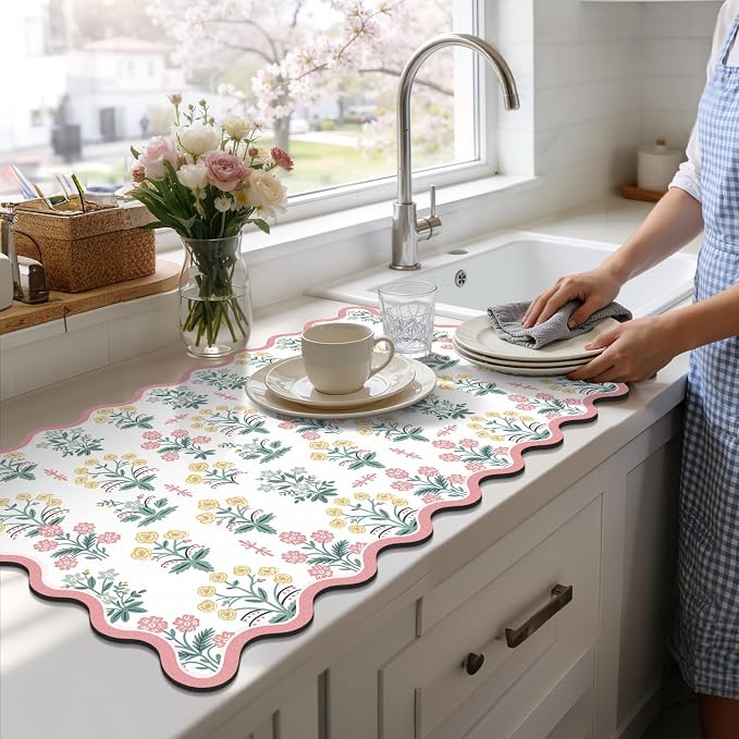 LOKHOM Scalloped Floral Dish Drying Mat, Cuttable Hide Stain Non-slip Drying Mat - Image 8