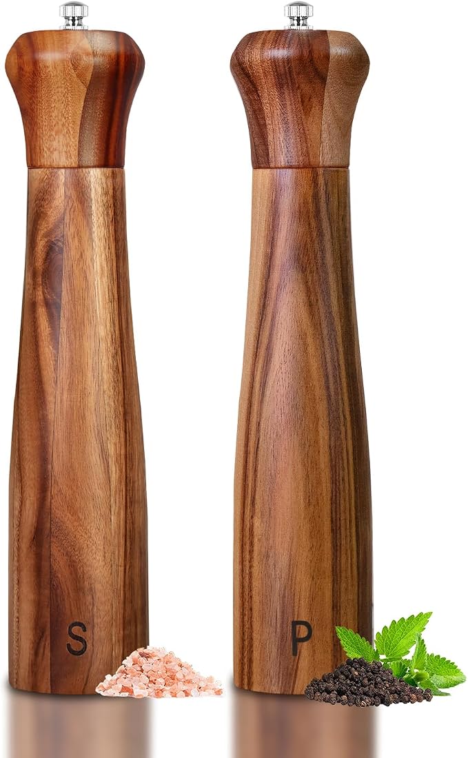 Haomacro 2 Pack 10 Inch Acacia Wooden Salt and Pepper Grinder Set, Manual Salt by Haomacro