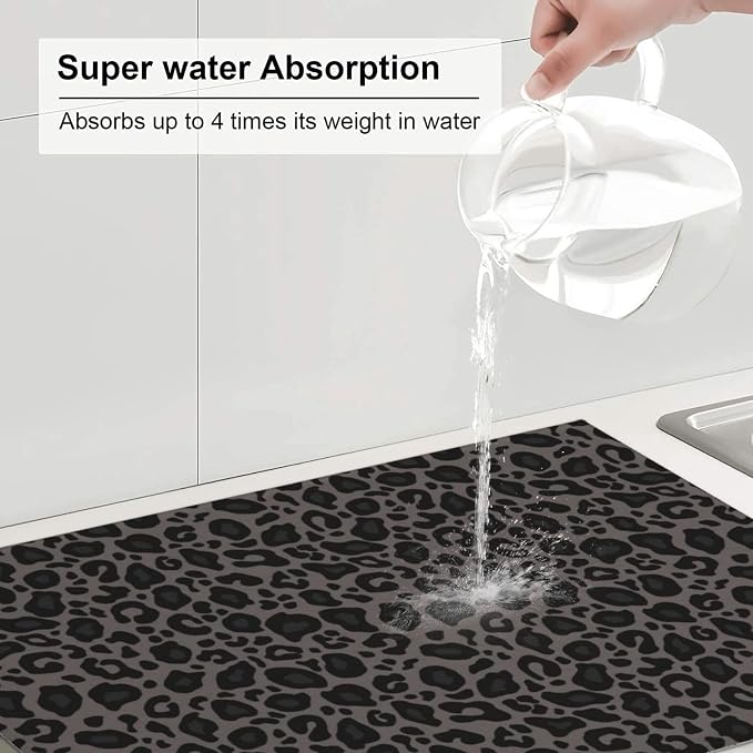 Black Grey Leopard Print Dish Drying Mat Cheetah Wild Animal Dark Skin Drying - Image 5