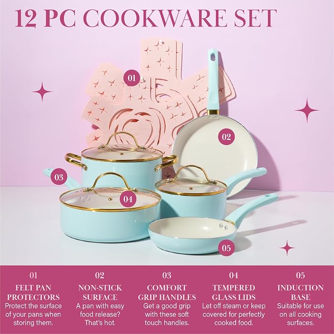 Paris Hilton Epic Nonstick Pots and Pans Set, Tempered Glass Lids, Soft Touch - Image 2