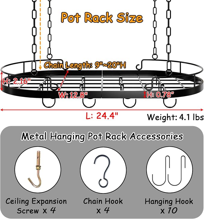 24.4” Metal Pot Rack Hanging, Oval Pan Rack Hanging - Image 3