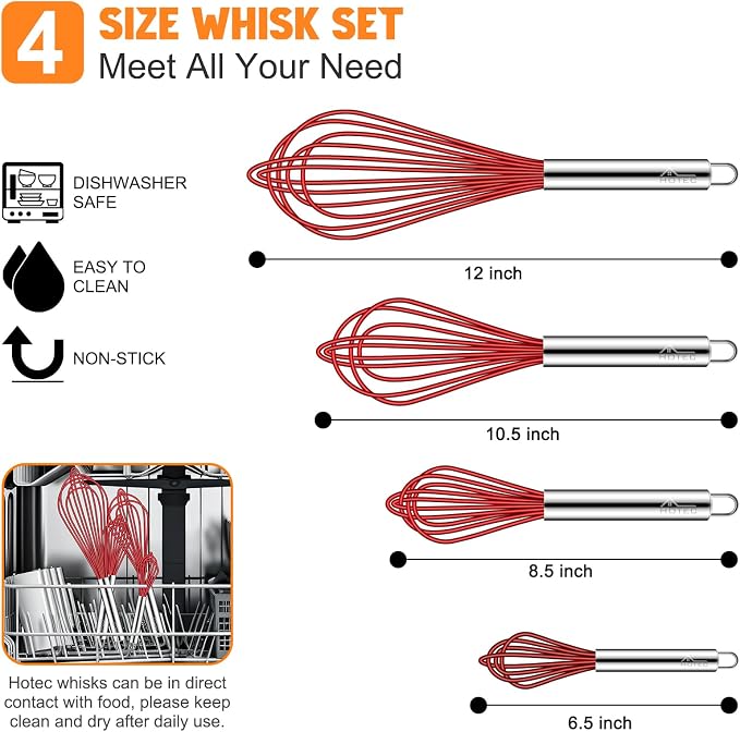 HOTEC 4 Pieces Silicone Whisks Set, Wire Balloon Whisks Egg Beater, Non-slip - Image 2