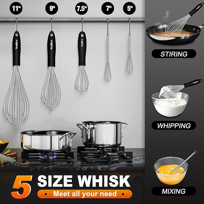 Stainless Steel Whisk Set with 7"+5" Mini whisks, Walfos Heavy Duty Whisks - Image 4