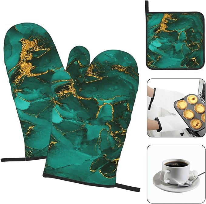Turquoise Marble Oven Mitts and Pot Holders Sets of 3 Emerald Dark Green Hot - Image 3