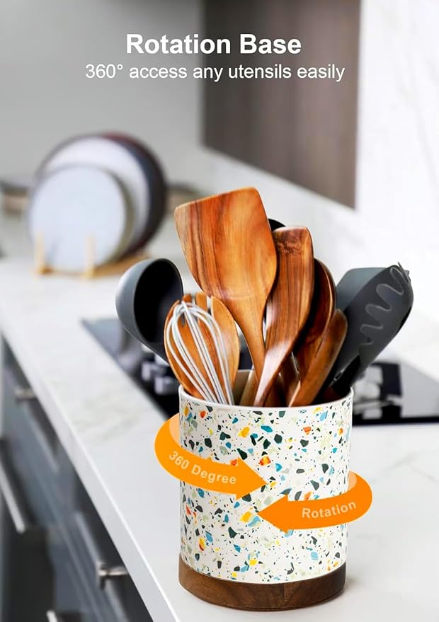 Nucookery 360°Rotating Utensil Holder, 7.2" Large Utensil Crock, Farmhouse - Image 3