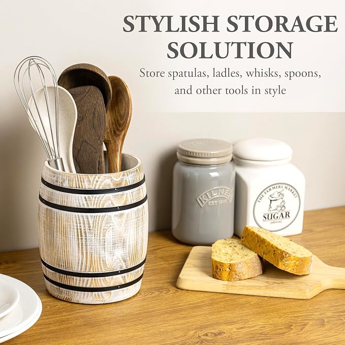 MyGift Wine Barrel Design Kitchen Utensil Holder Crock, Vintage White Washed - Image 3