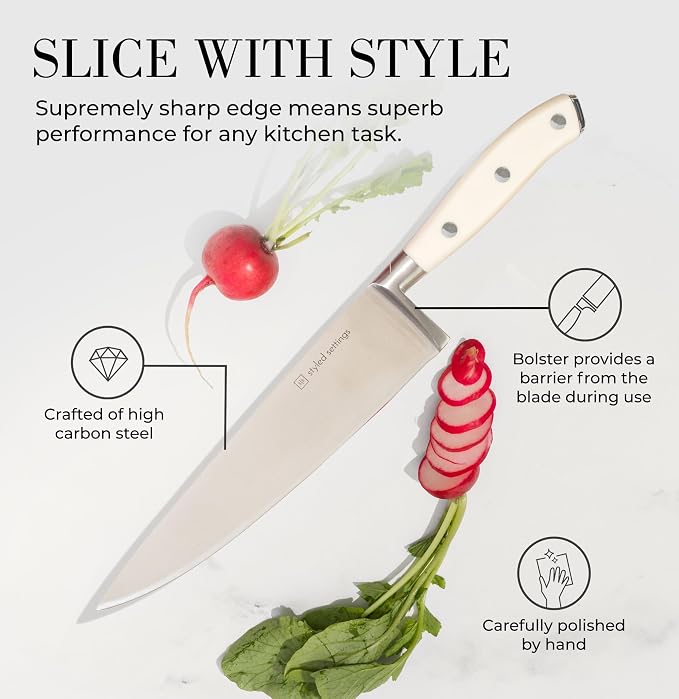 White Knife Set with Block – 14-Piece Forged Stainless Steel Knives with Triple - Image 2