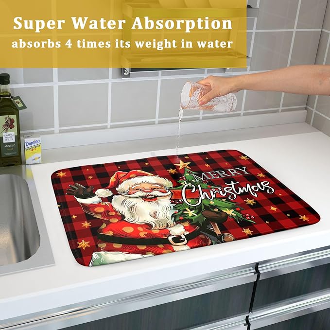 Merry Christmas Santa Claus Red Buffalo Plaid Dish Drying Mat - Image 7