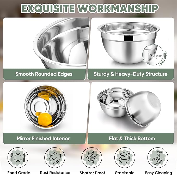 TeamFar Mixing Bowls with Lids, 5-Piece Stainless Steel Metal Nesting Salad Bowl - Image 4