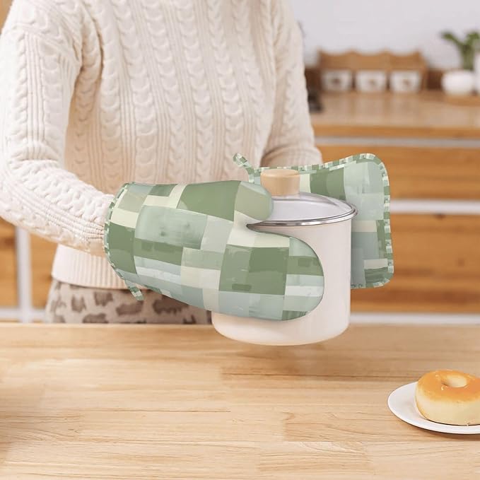 Oven Mitts and Pot Holders Set, Modern Art Pastel Green Geometric Silicone - Image 7