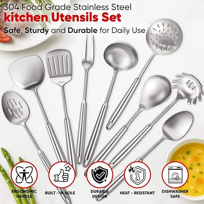 Newness 9 Pcs Cooking Utensils Set, 304 Stainless Steel Kitchen Utensils Set - Image 4