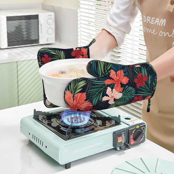 Tropic Hawaiian Hibiscus Flower Oven Mitts Pot Holders Set Silicone Heat - Image 6