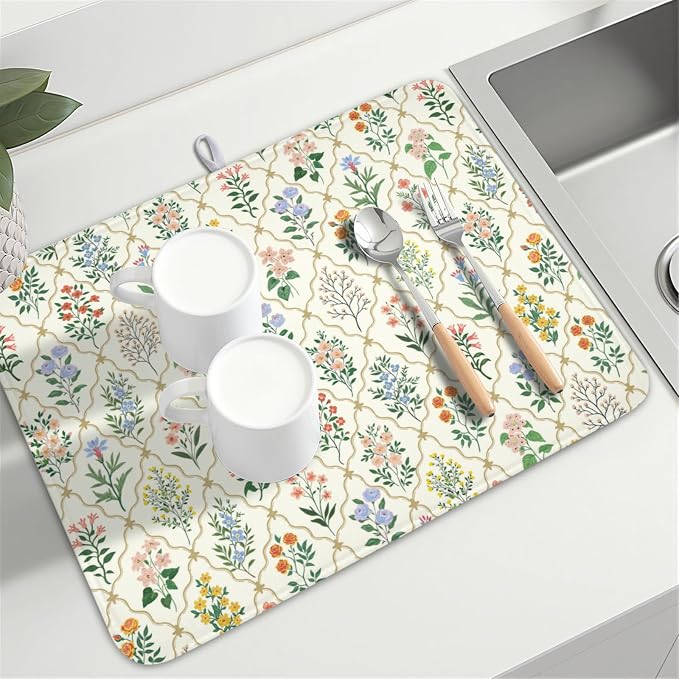 Floral Dish Drying Mat for Kitchen Counter Spring Summer Wild Flowers Diamond - Image 8