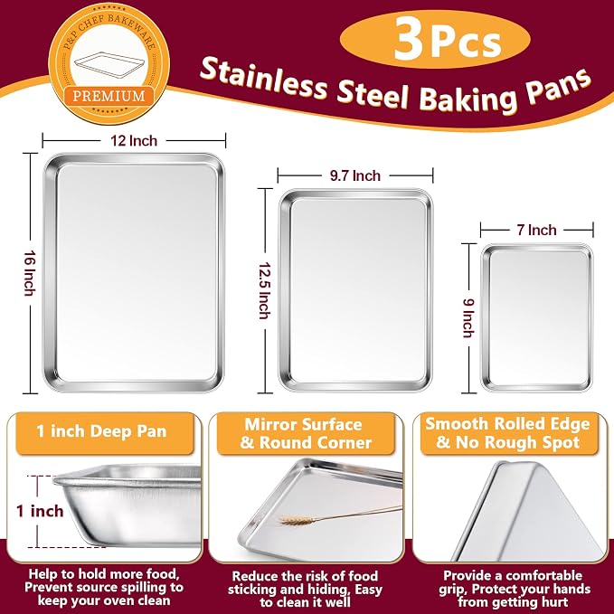P&P CHEF 16 + 12.5 + 9 Inch Baking Sheet and Rack Set, Stainless Steel Cookie - Image 2