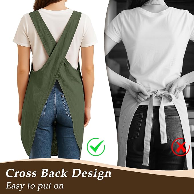 Apron for Women with Pocket Cotton Linen, Japanese Cross Back Apron for - Image 4
