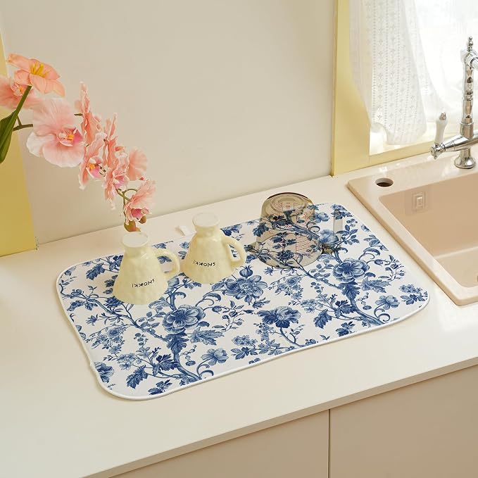 Blue Floral Dish Drying Mat 18 x 24 Inch Vintage Navy Blue Floral Drying Mat - Image 5